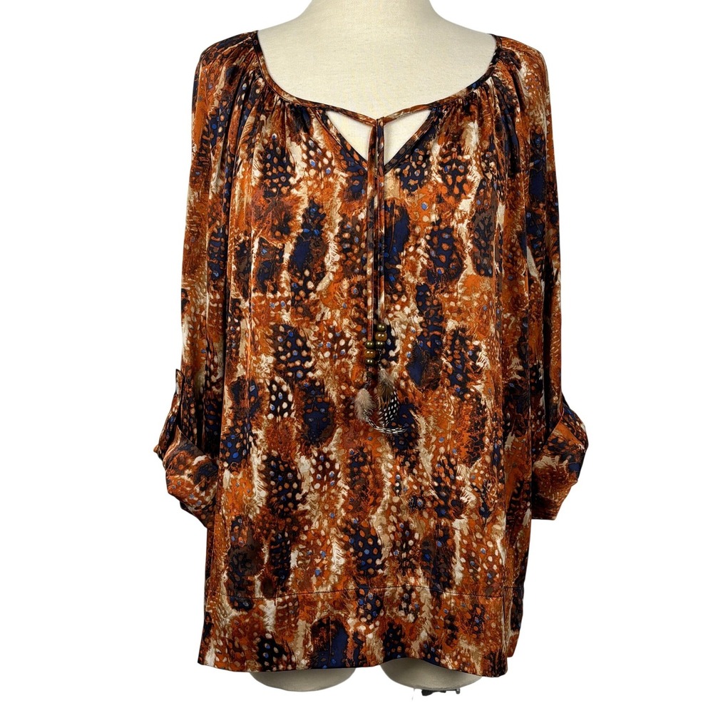 Ruby Rd Boho Feather Print Blouse‎ Orange Blue Womens 14 Tassel Tie Peasant Top